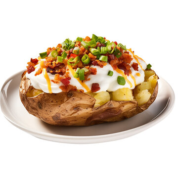 Baked potato with cheese and sauces on a plate  isolated on white background. png file