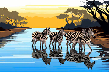Fototapeta na wymiar cartoon stail herd zebra 