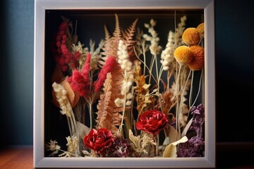 dried flowers in a shadow box for wall decor