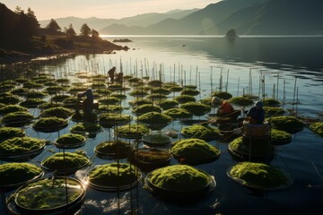 Modern kelp farming techniques, showcasing the sustainable cultivation of Laminaria japonica in sea farms. Generative AI