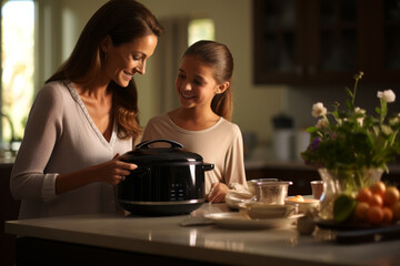 mother and her teenage daughter are happily cooking together. . - obrazy, fototapety, plakaty