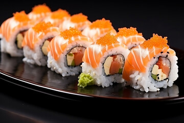 Delicious sushi rolls on black table Japanese food. .