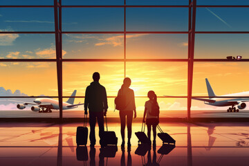 Family travel, showcasing silhouette figures of family members inside an airport terminal. .