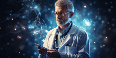 Medicine doctor with stethoscope and icon health care on virtual interface and patients. .