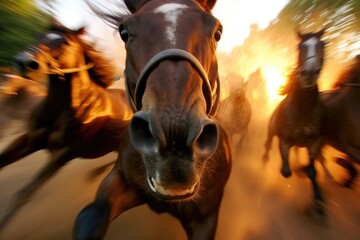 tight shot of racehorses nostrils flaring while running - obrazy, fototapety, plakaty