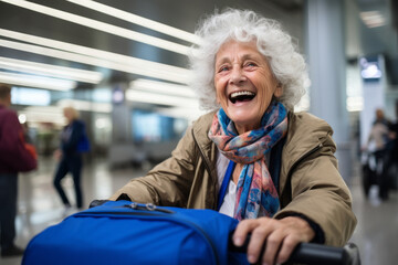 very happy old woman at airport terminal . .