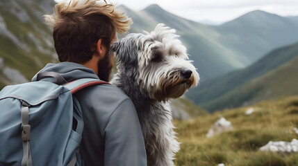 rear view of man with backpack hiking with shaggy fluffy gray dog in mountains in autumn pet adoption traveling with dog generative ai - Powered by Adobe