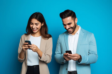 woman and man with phone on blue background . .