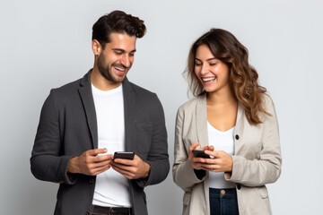 woman and man with phone on white background. .