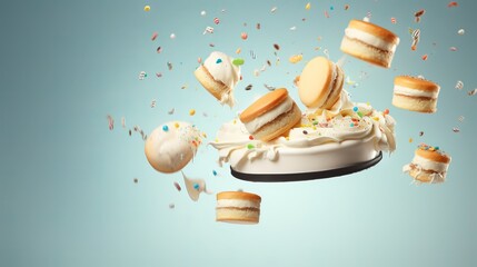 a clean detailed studio photo of layered cake slices with whipped cream and cherry and berries flying in the air on pastel gradient background. Food ingredient levitation.