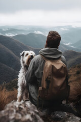 rear view of man with backpack sitting with shaggy fluffy gray dog on rocks hiking in mountains in autumn pet adoption traveling with dog generative ai