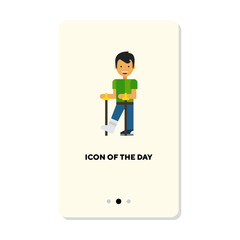 Man with broken leg in cast and crutches flat icon. Vertical sign or vector illustration of person getting hurt or in dangerous situation. Injury, accident, health concept for web design and apps