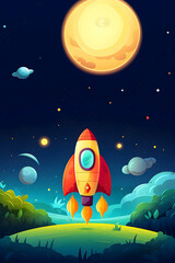 Cartoon spaceship rocket launching to the outer space at night.