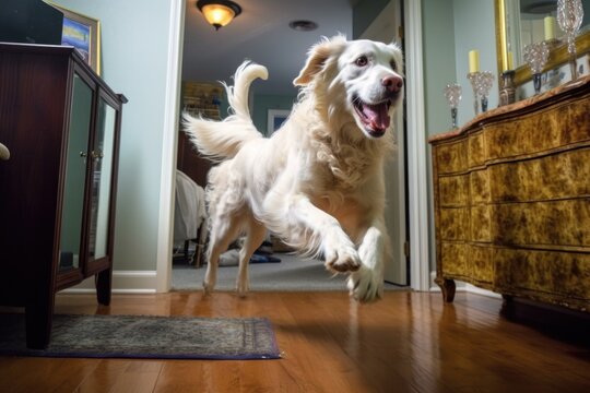 distorted reflection of dog chasing tail in mirror