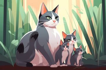 Cartoon Stail Mother Cat and Her Cubs