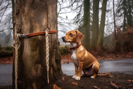 Leash Tugging On Wooden Post Or Tree