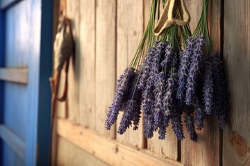 close-up of freshly cut lavender hanging on a rustic wall