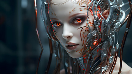Beauty portrait of a robot cyborg girl with cables and mechanisms