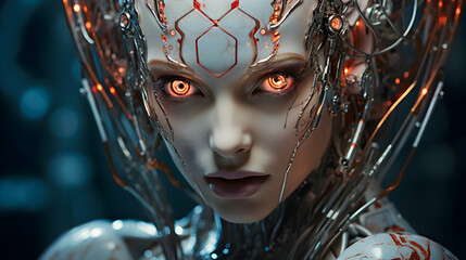 Beauty portrait of a robot cyborg girl with cables and mechanisms