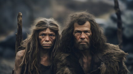 serious neanderthal caveman couple wearing fur and looking at camera - obrazy, fototapety, plakaty