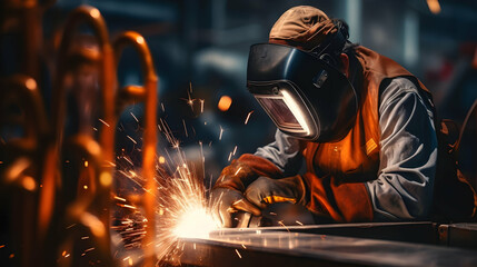 A welder in a robe and a welding mask, making a metal product with welding machine at a factory, sparks fly to the sides