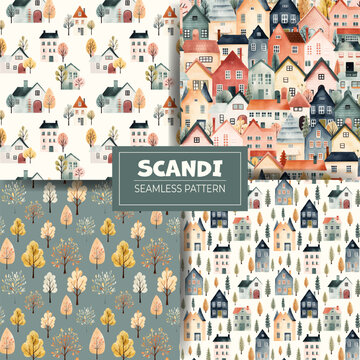 Set of cute watercolor buildings and trees pattern. Scandinavian, european houses vector background