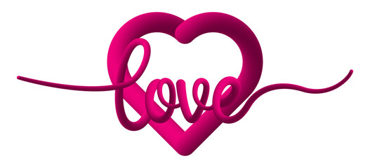Love typography with 3D heart written in calligraphic handwriting style in red or pink color isolated on transparent background.