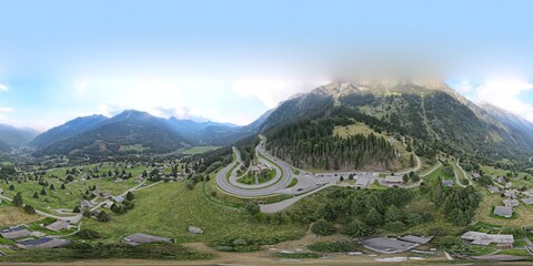 Aerial View of Swiss Mountain curvy highway between the mountains . Mesocco, Swizerland.  - obrazy, fototapety, plakaty