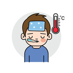  Sick kids has fever and take thermometer in mouth.