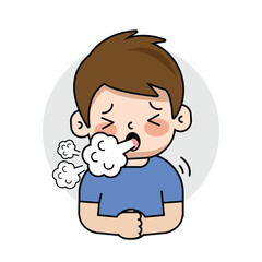  little boy coughing suffering from cold and flu as symptom of allergy or virus infection