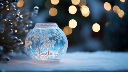 Fototapeta na wymiar Christmas decoration on snow with bokeh background, close-up