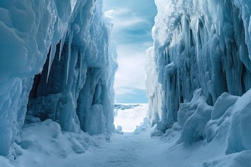ice formations surrounding a narrow crevasse