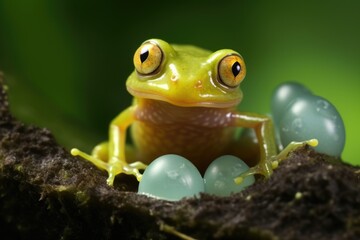 glass frog watching over eggs in a small pond
