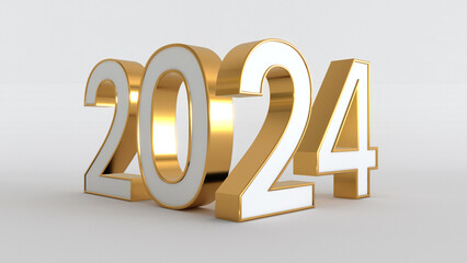 Golden numbers 2024 on the white background. Happy New 2024. 3d render illustration