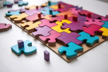 colorful wooden puzzle pieces on white table