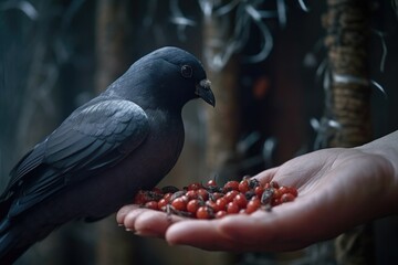 close-up of pigeon eating seeds from open palm