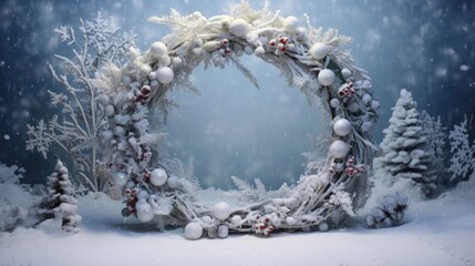 Winter forest with snow covered trees. Christmas and New Year background. Christmas wreath with empty space for text.