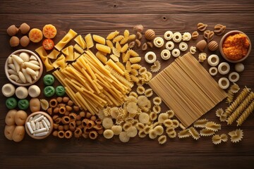 a variety of pasta shapes on a wooden surface