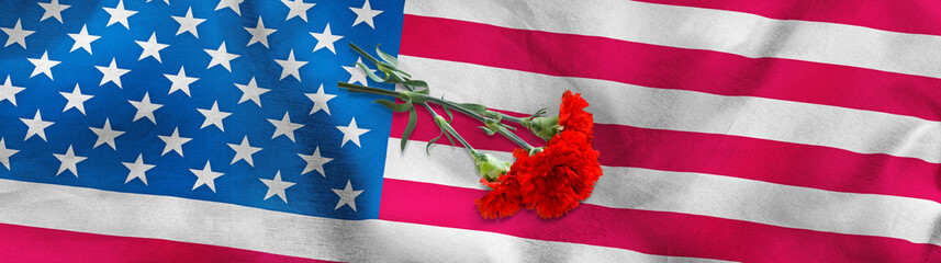 three red carnations lying on the USA flag