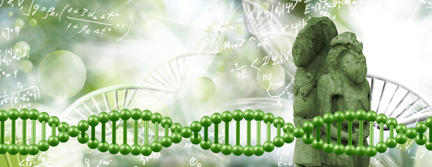 image of a DNA chain and ancient cult sculptures on a green blurred background with stylized DNA chains and chaotically arranged mathematical formulas - Powered by Adobe