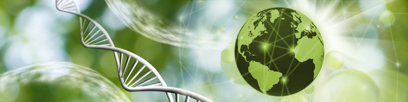  image of a globe and a stylized DNA chain on a green blurred background