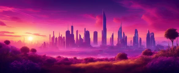 Fototapeten A wide angle shot from a flower meadow of a futuristic city in a purple haze against the background of a sunset sky. Fantasy illustration in cyberpunk style. © Valeriy