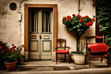 Fototapeta na wymiar An old Italian house with a small Two chairs, a bench and a small table outside the home. A balcony with flowers and other objects of another era. Doors and wind