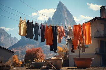 clothes drying on a line with a mountainous backdrop