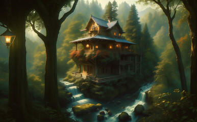 Obraz premium Artistic concept painting of a beautiful tree house, background illustration. Mysterious house in the forest, fairy tale.