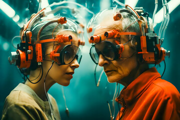 A young woman and an old man with the technology of the future attached to her head. The concept of attitude and communication between people of different generations