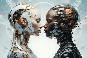 Two robots as a pair of lovers, women stand together as a couple with electronic and digital equipment