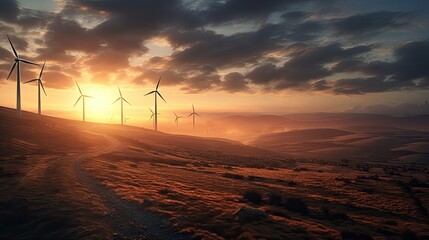 wind turbines at sunrise in the countryside. green energy, nature background.