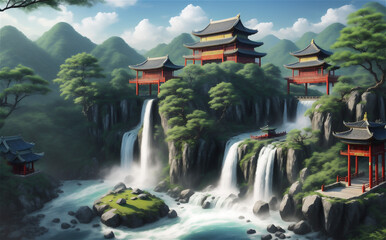 Deatiled beautifull Pagoda in misty mountains. Beautiful Autumn landscape with ancient pagoda, lake and waterfall.