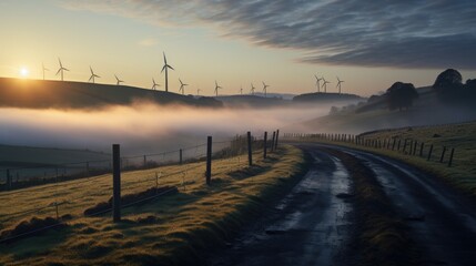 Fototapeta na wymiar wind turbines at sunrise in the countryside. green energy, nature background.